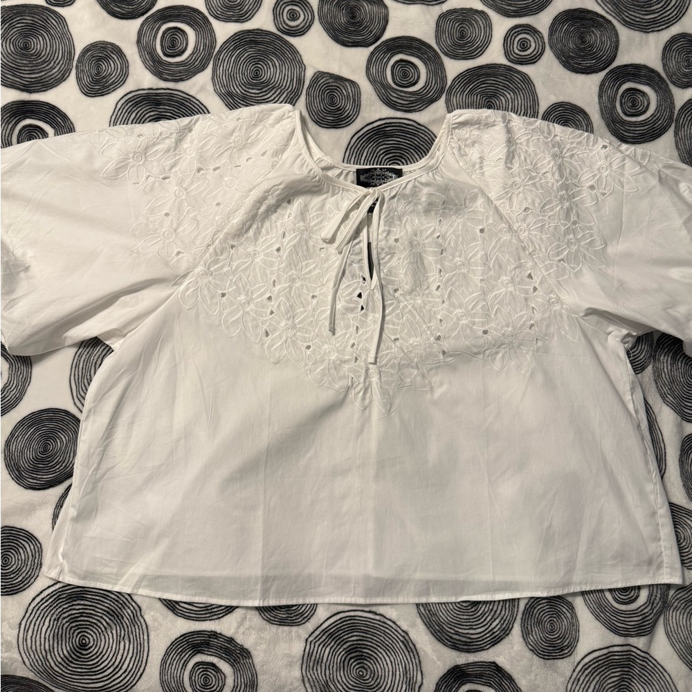 Cream Tie Front Blouse with 3/4 Sleeves and Bib Collar